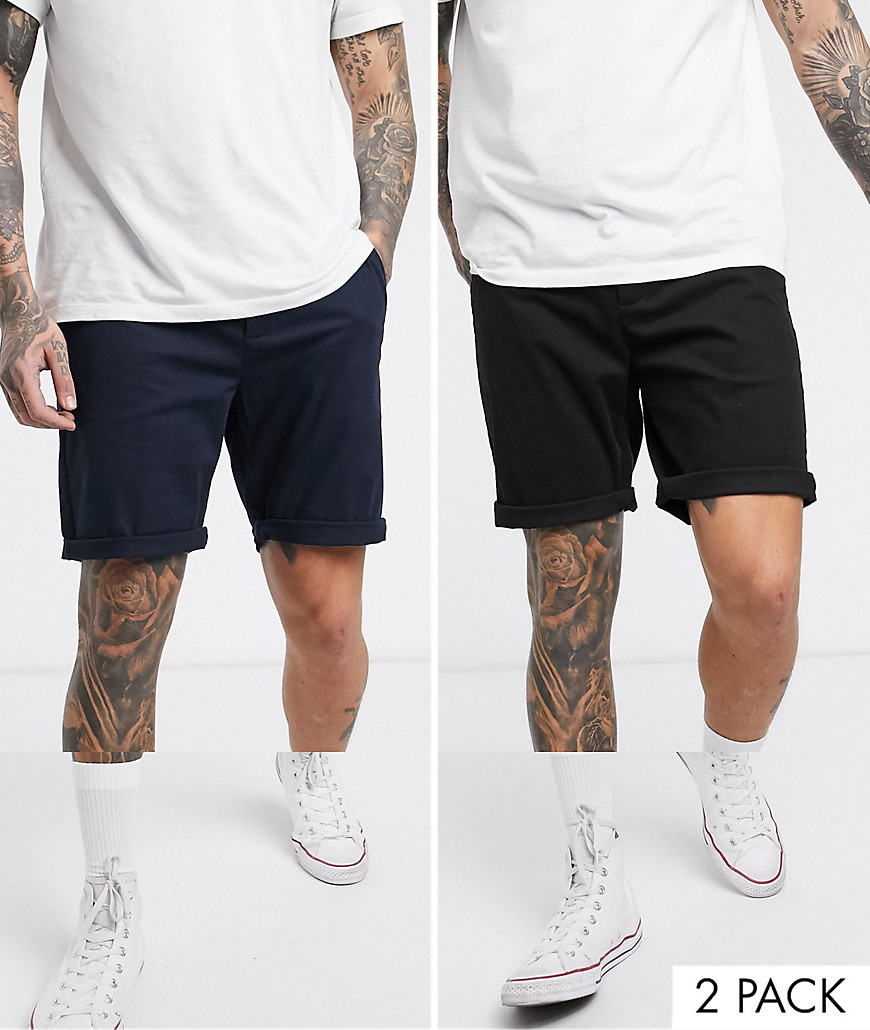 ASOS DESIGN 2 pack slim chino shorts in black & navy-Multi