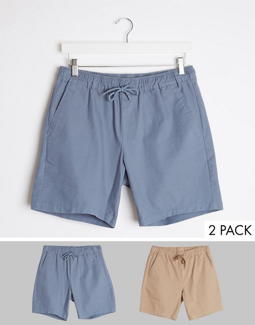 ASOS DESIGN 2 pack slim chino shorts in blue & beige save