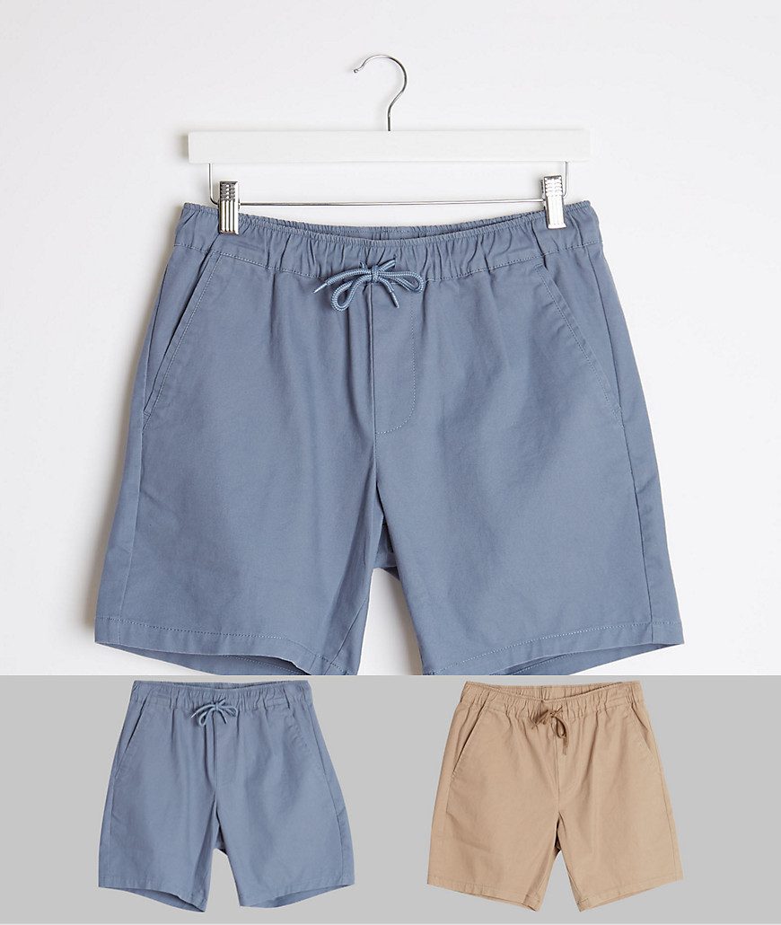 ASOS DESIGN 2 pack slim chino shorts in blue & beige save-Multi