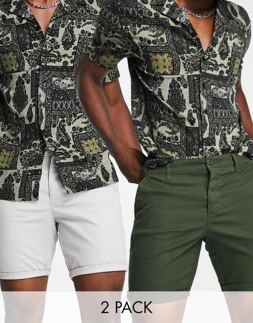 ASOS DESIGN 2 pack slim chino shorts in dark khaki and light gray