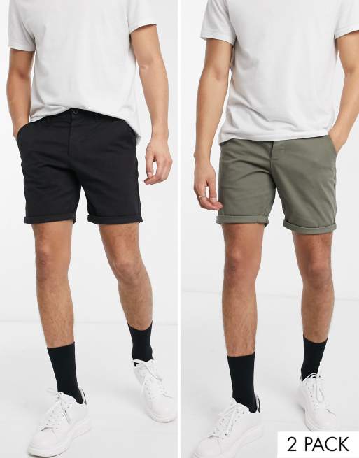 ASOS DESIGN 2 pack slim chino shorts in khaki black save