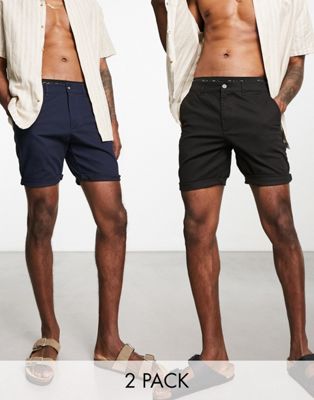 ASOS DESIGN 2 pack slim chino shorts in mid length in black & navy save  - ASOS Price Checker