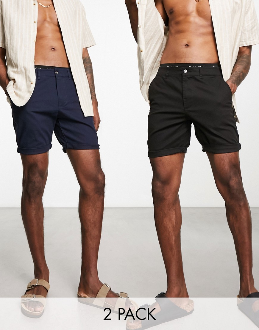 ASOS DESIGN 2 pack slim chino shorts in mid length in black & navy save-Multi