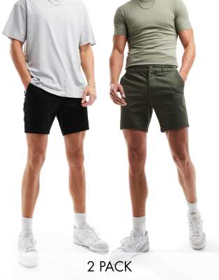 ASOS DESIGN ASOS DESIGN 2 pack slim chino shorts in mid length in dark khaki and black-Multi
