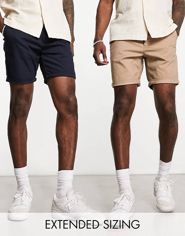 ASOS DESIGN - 2 pack slim chino shorts in mid length in stone & navy save