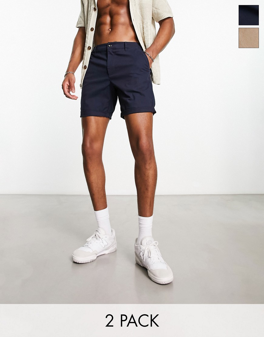 ASOS DESIGN 2 pack slim chino shorts in mid length in stone & navy save-Multi