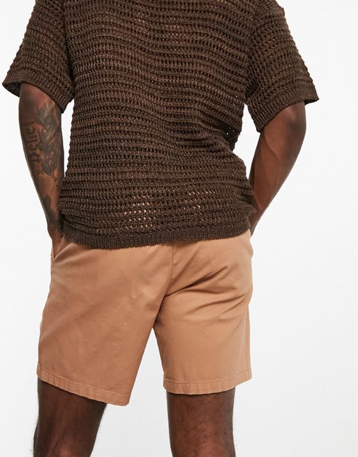 ASOS DESIGN pleated shorts in mid length in tan