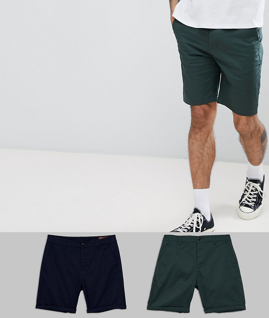ASOS DESIGN 2 Pack Slim Chino Shorts In Navy & Bottle Green Save-Multi