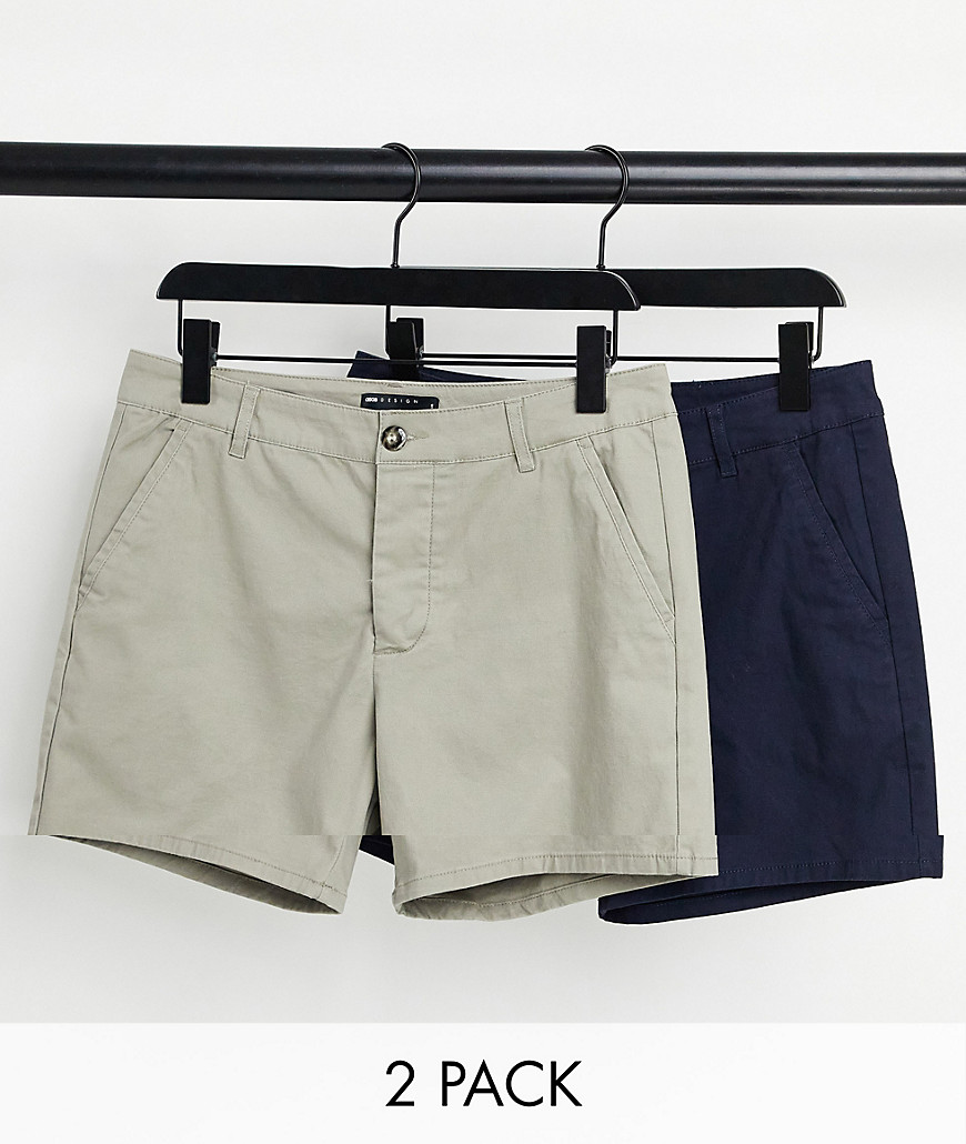 ASOS DESIGN 2 pack slim chino shorts in navy & dark beige save-Multi