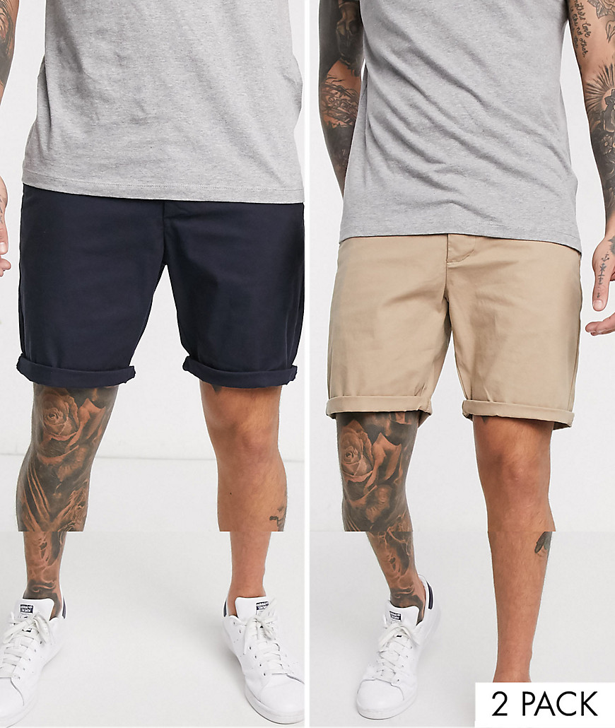 ASOS DESIGN 2 pack slim chino shorts in stone & navy save-Multi