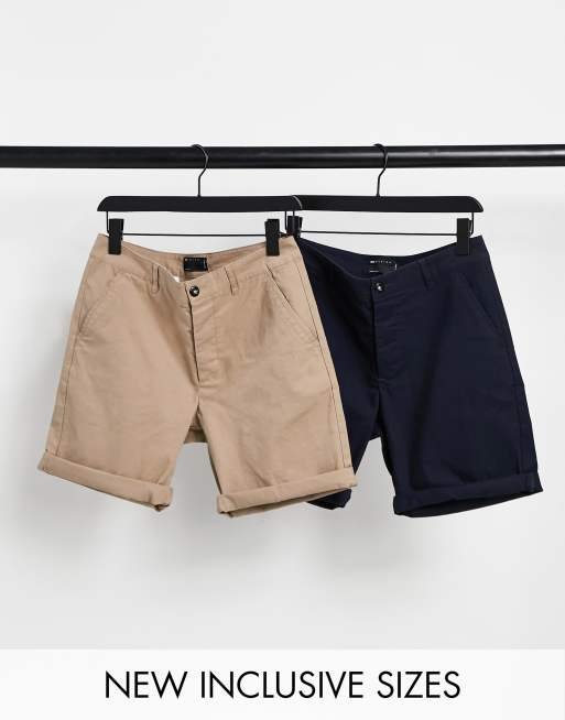 ASOS DESIGN 2 pack slim chino shorts in stone & navy save