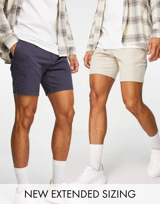 ASOS DESIGN 2 pack slim chino shorts in washed navy and beige