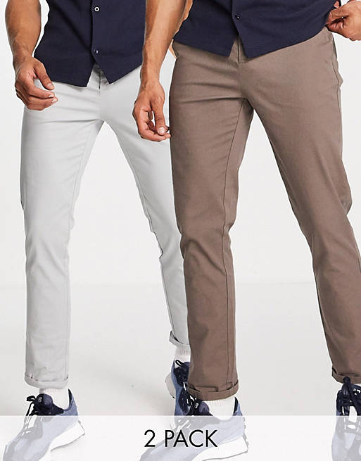 ASOS DESIGN 2 pack slim chinos in brown and light grey save
