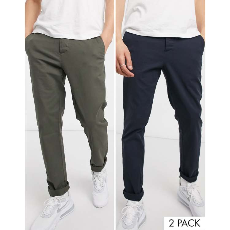 ASOS DESIGN 2 pack slim chinos in khaki & navy save | ASOS