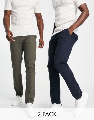 ASOS DESIGN 2 pack slim chinos in khaki & navy save-Multi