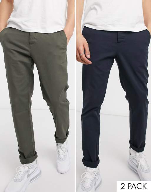 Asos Design 2 Pack Slim Chinos In Khaki Navy Asos