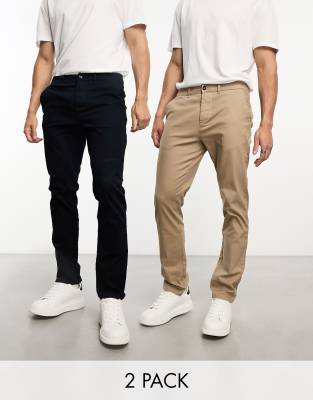 ASOS DESIGN 2 pack slim chinos in navy & stone save - ASOS Price Checker