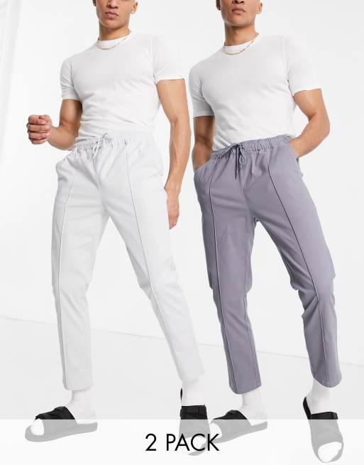 ASOS DESIGN 2 pack slim chinos with elastic waist and pin tuck in stone and grey save