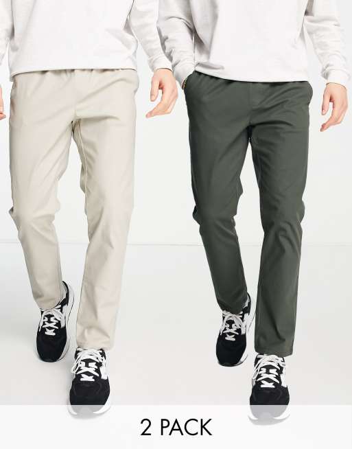ASOS DESIGN 2 pack slim chinos with elastic waist in dark green & beige