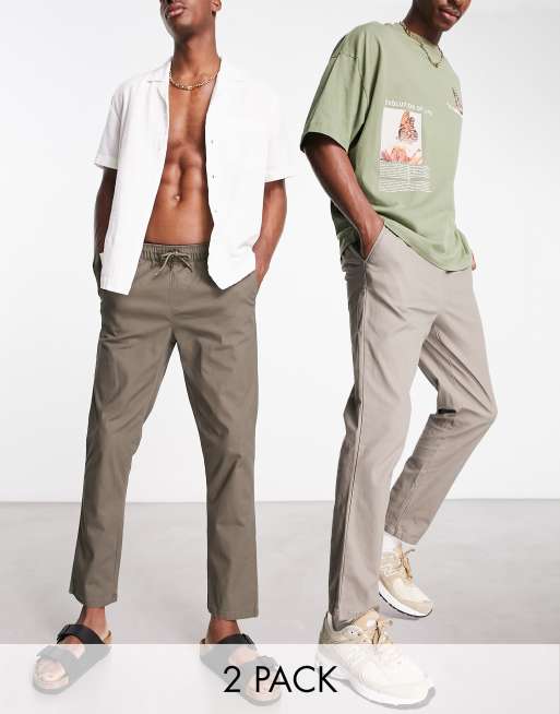 ASOS DESIGN 2 pack slim chinos with elasticated waist in beige/khaki save