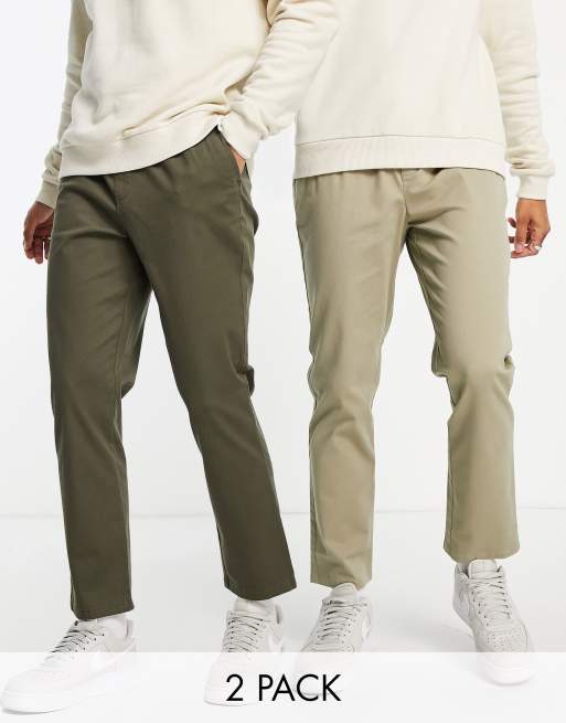 ASOS DESIGN 2 pack slim chinos with elasticated waist in khaki and dark beige