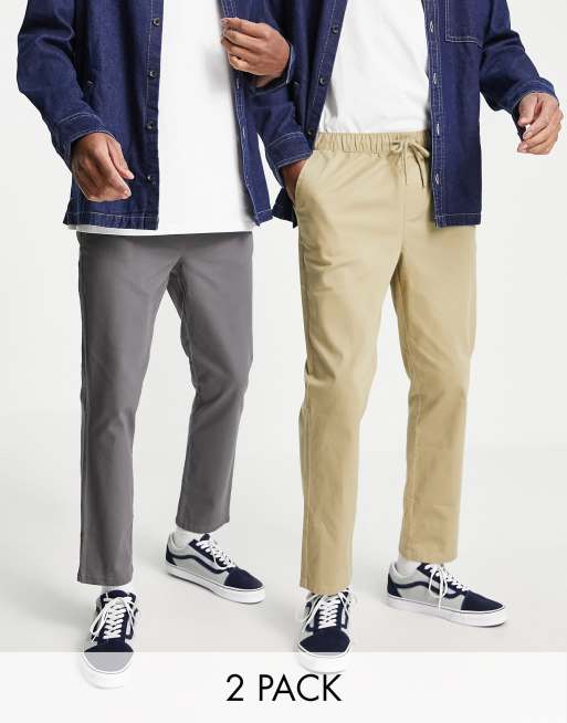 ASOS DESIGN 2 pack slim fit chinos with elasticated waist in beige and charcoal save