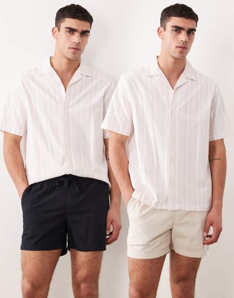 ASOS DESIGN 2 pack slim linen blend shorts in short length in black and stone - view 1