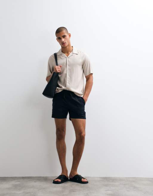 ASOS DESIGN 2 pack slim linen blend shorts in short length in black and stone, 2 of 5