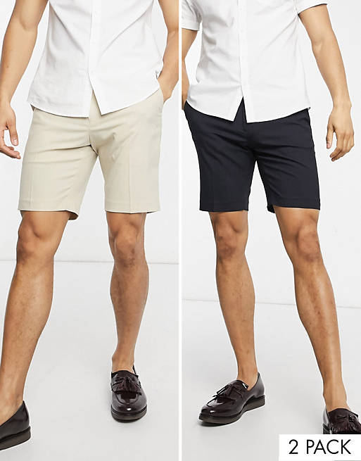 ASOS DESIGN 2 pack slim smart shorts in stone and navy
