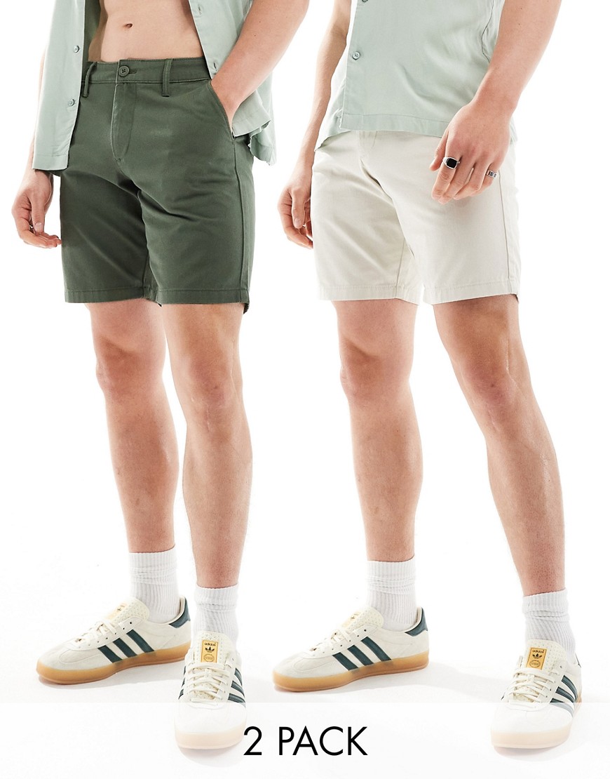 ASOS DESIGN 2 pack slim stretch regular length chino shorts in khaki and stone save-Neutral