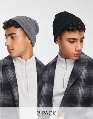 ASOS DESIGN 2 pack slouchy beanie in grey and black