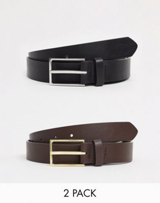 ASOS DESIGN 2 pack Smart belt in black and brown faux leather with silver and gold buckle SAVE