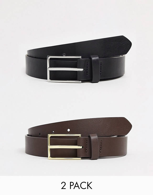 ASOS DESIGN - 2 pack smart faux leather belt in black and brown with silver and gold buckle