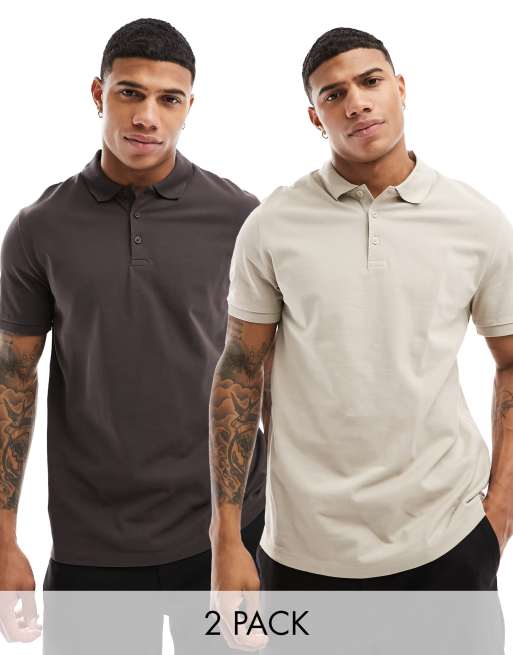 ASOS DESIGN 2 pack smart pique polo shirts in beige and brown