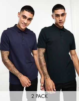 Asos Design 2-pack Smart Pique Polo Shirts In Black And Navy-multi
