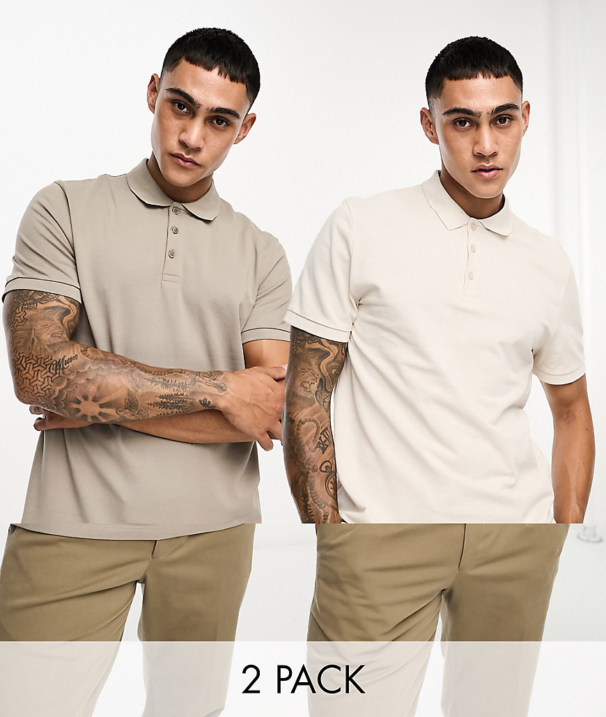 Asos Design 2-pack Smart Pique Polo Shirts In Stone And Brown-multi