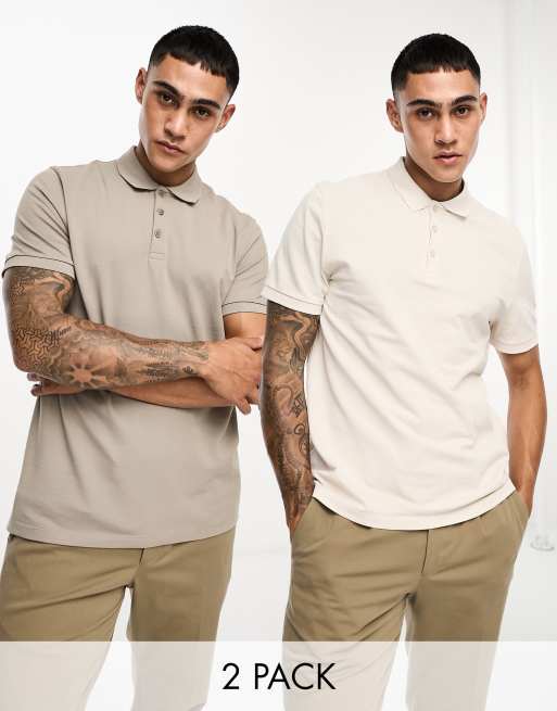 ASOS DESIGN 2-pack smart pique polo shirts in stone and brown