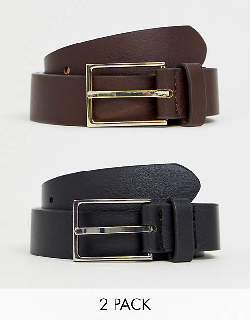 2 Pack Mens Black & Brown Genuine Leather Belts