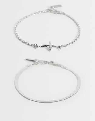 Asos Design 2 Pack Snake Chain And Cross Charm Bracelet In Metallic