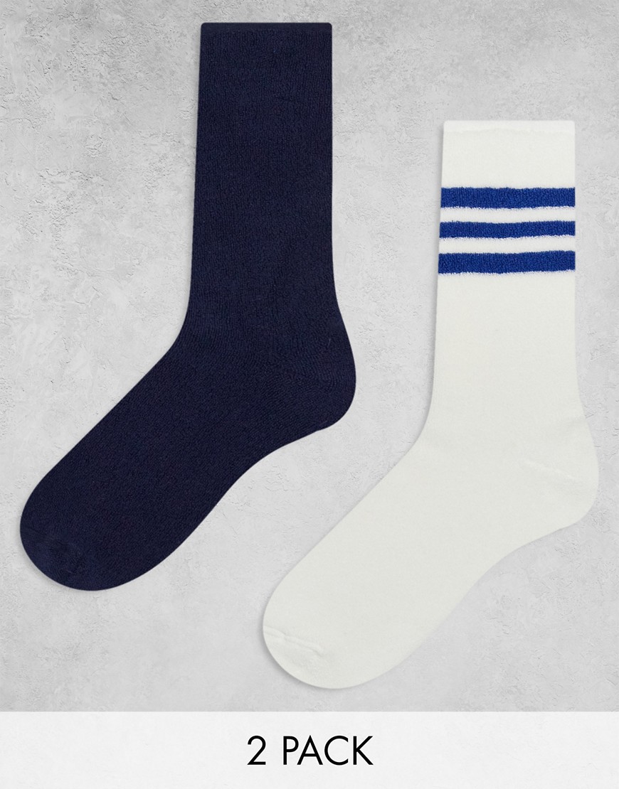 ASOS DESIGN 2 pack sock in towelling with navy stripe