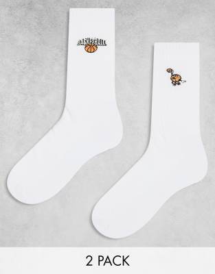 Asos Design 2 Pack Sock With Basketball Embroidery In White