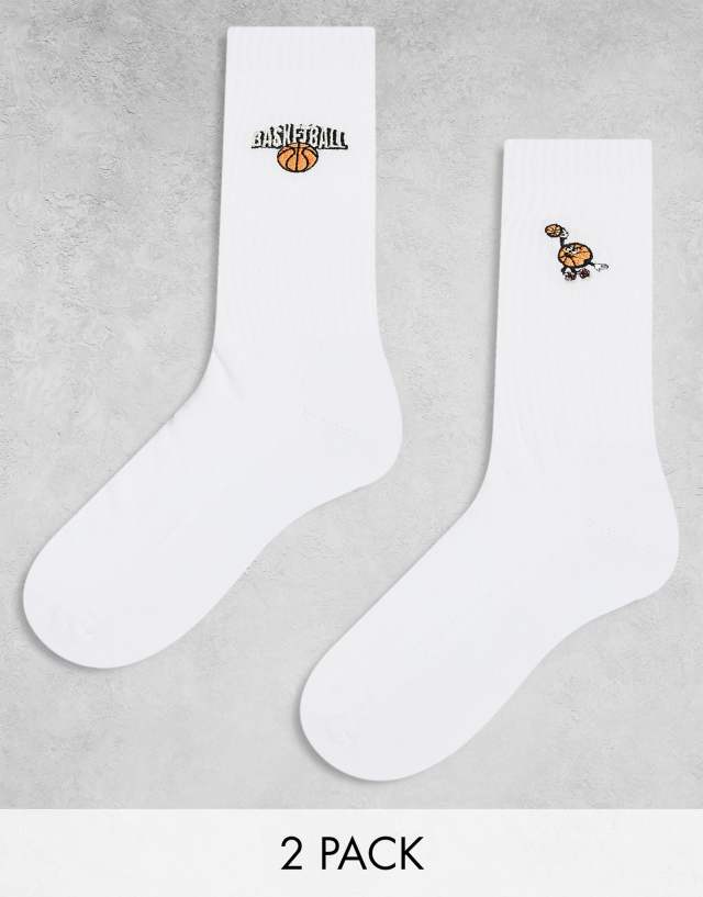 ASOS DESIGN - 2 pack sock with basketball embroidery in white