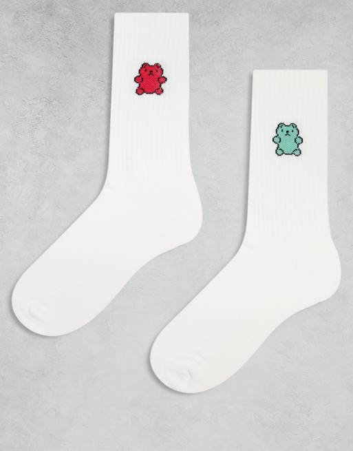 ASOS DESIGN 2 pack sock with bear embroidery in white