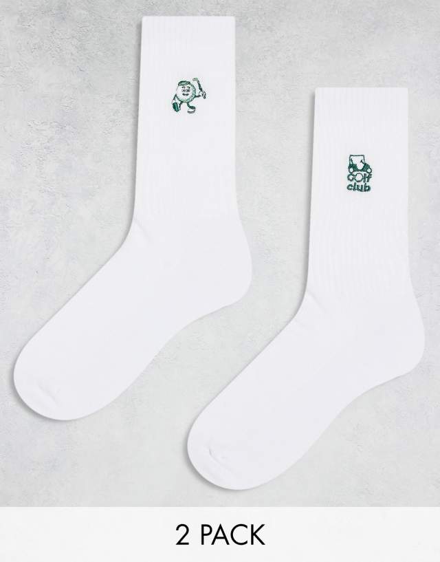 ASOS DESIGN - 2 pack sock with golf embroidery in white