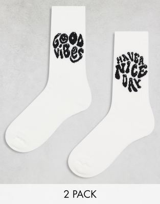 Asos Design 2 Pack Sock With Positive Slogans In White