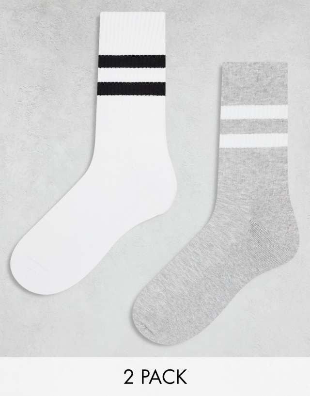 ASOS DESIGN - 2 pack sock with stripes in white and grey