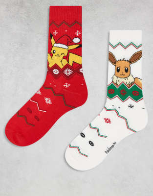 ASOS DESIGN ASOS DESIGN 2 pack socks Christmas Pokémon Eevee and Pikachu in red and ecru-Multi