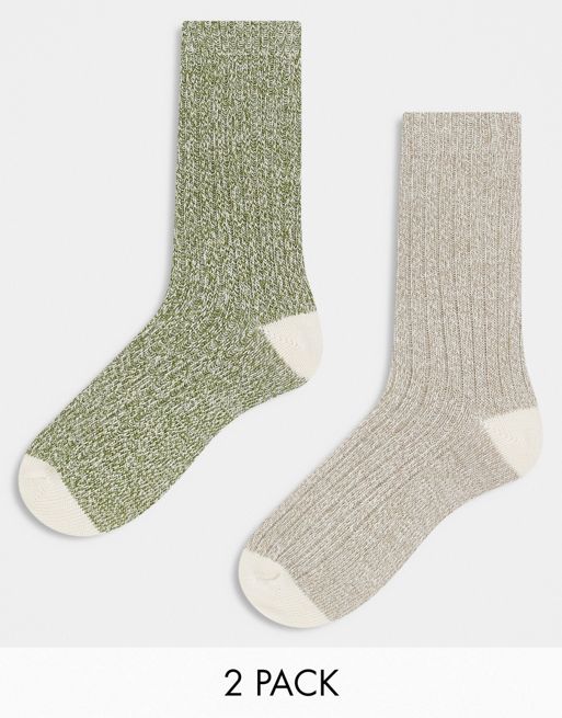 ASOS DESIGN 2 pack socks in green and ecru twist