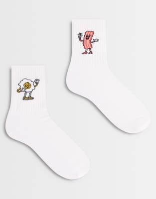 Asos Design 2 Pack Socks With Bacon And Egg Embroidery In White