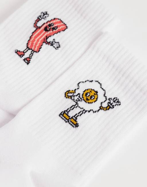 ASOS DESIGN 2 pack socks with bacon and egg embroidery in white, 3 of 3